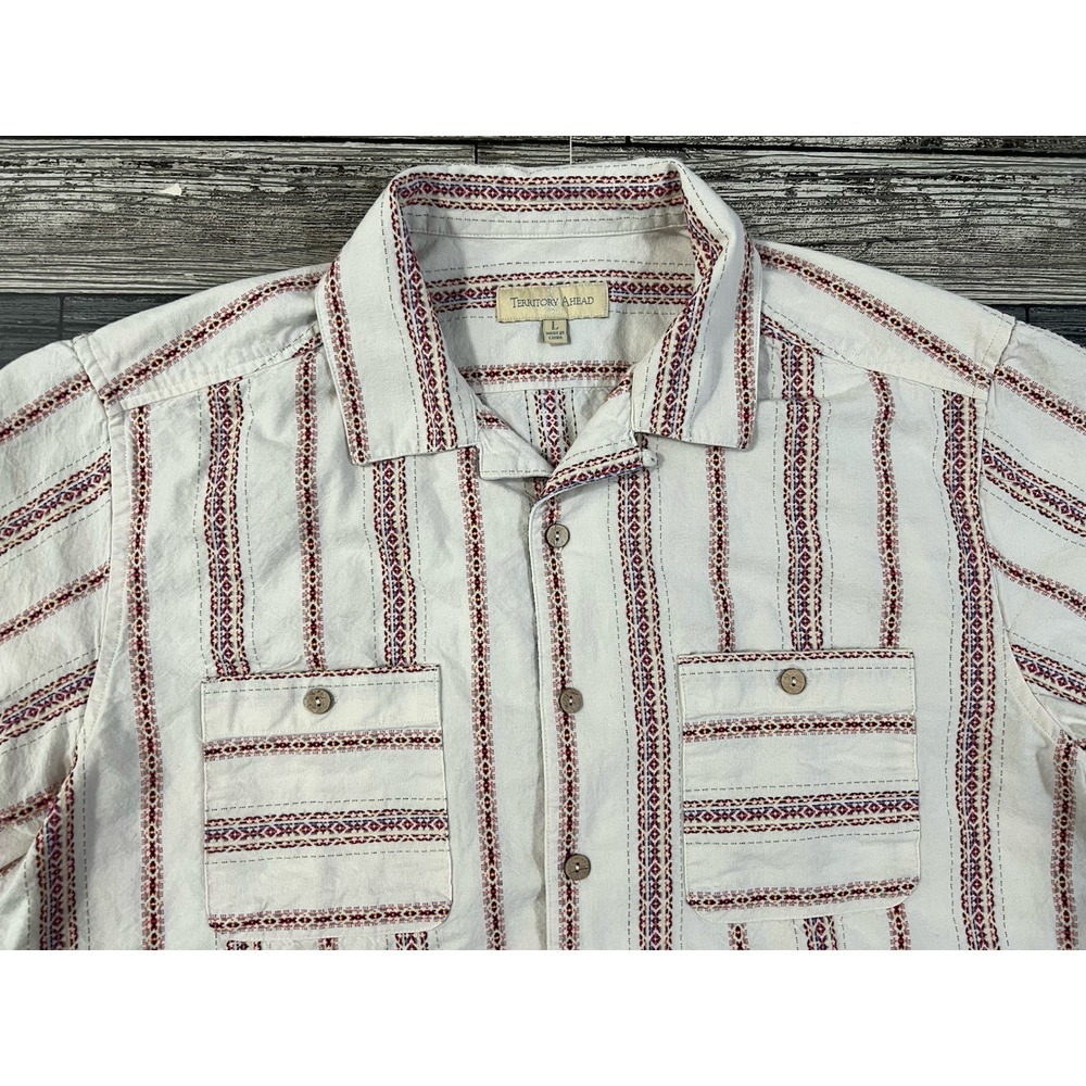 Territory Ahead Shirt Mens‎ Large White Cotton Loop Collar Camp 4 Pockets Aztec